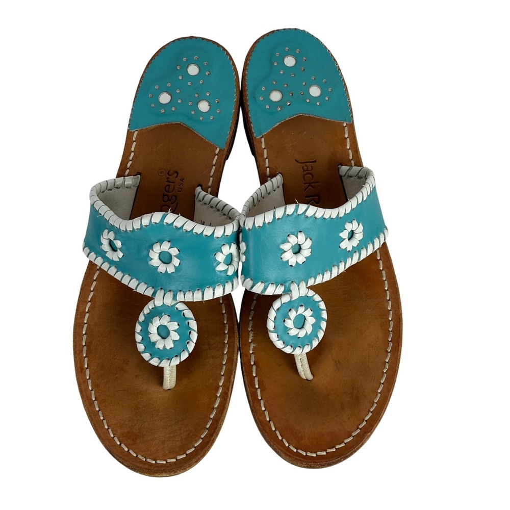 Jack Rogers Original Jack Flat Sandals Turquoise Leather Whipstitch Rondelle 9 M